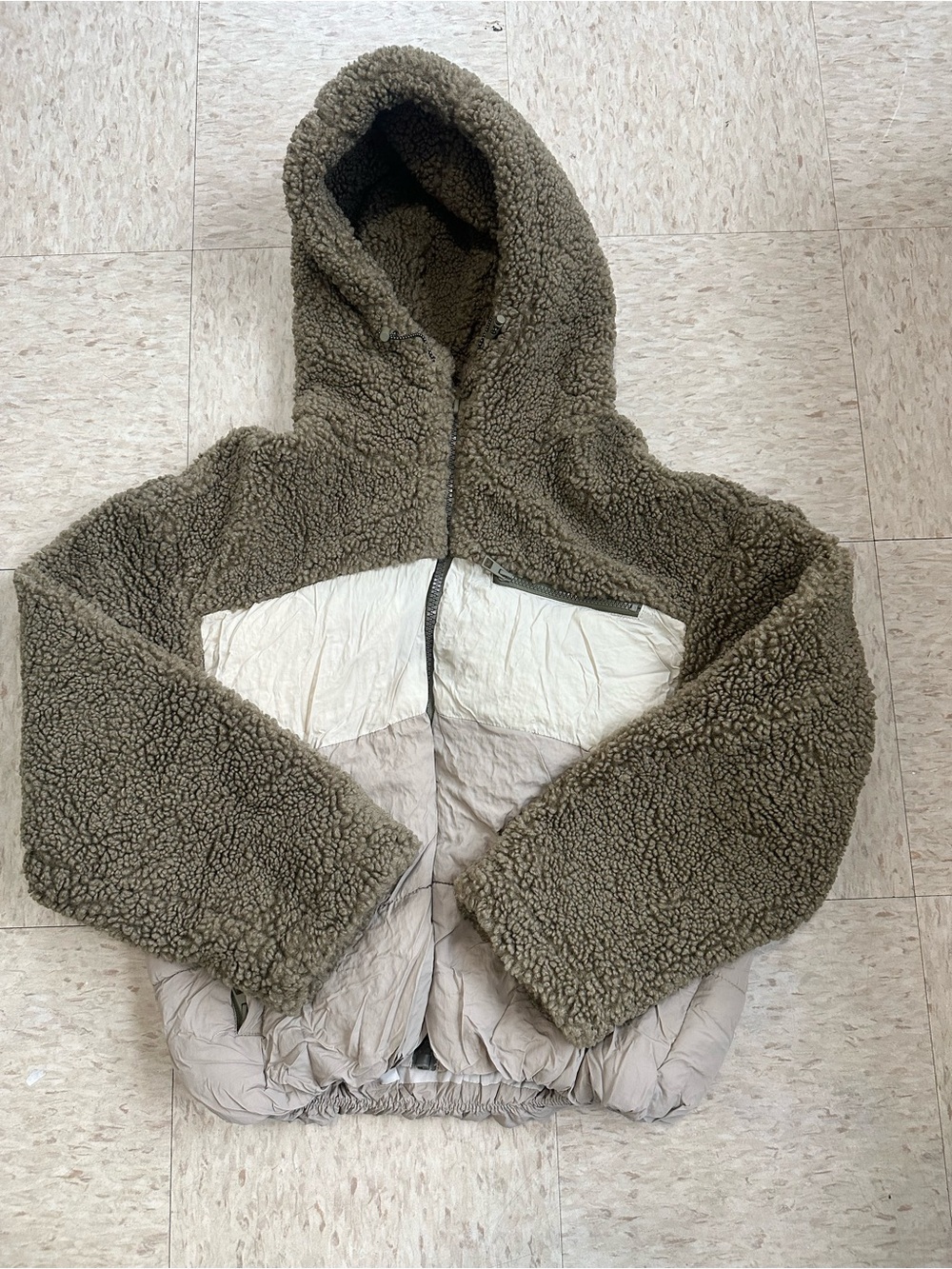 Zara Hooded Teddy Jacket in Olive Green & Cream